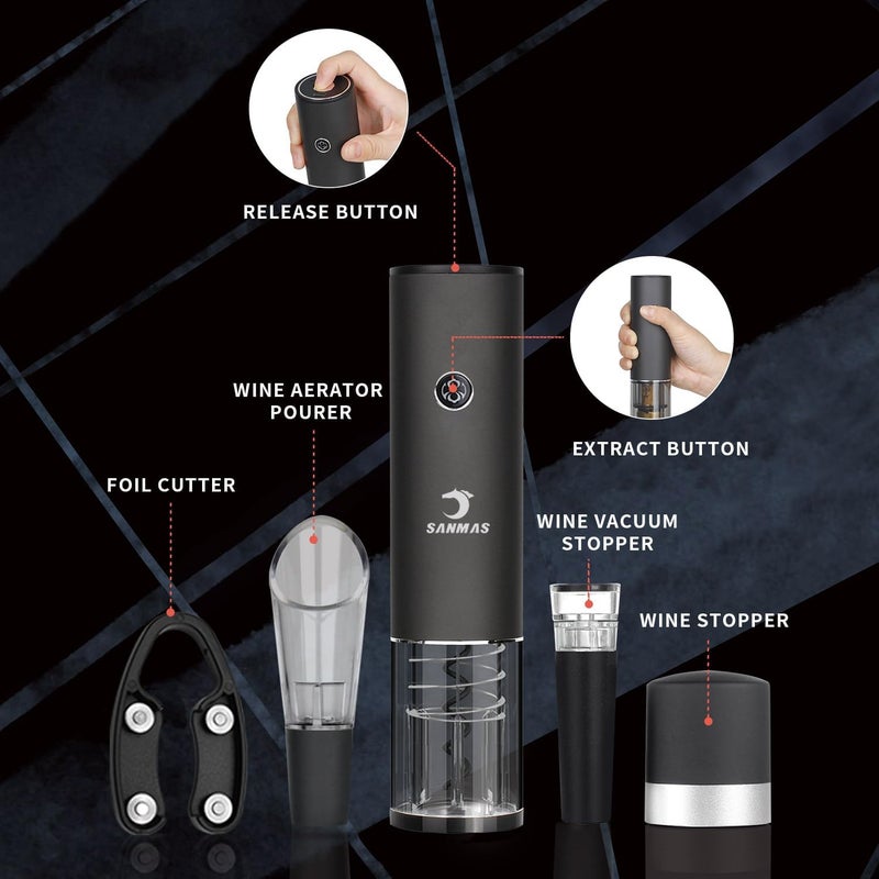 SUNMAS Rechargeable Electric Wine Bottle Opener Set - Automatic Corkscrew with Foil Cutter, Wine Stopper & Aerator Pourer - Ideal Gift for Wine Lovers - Image 4